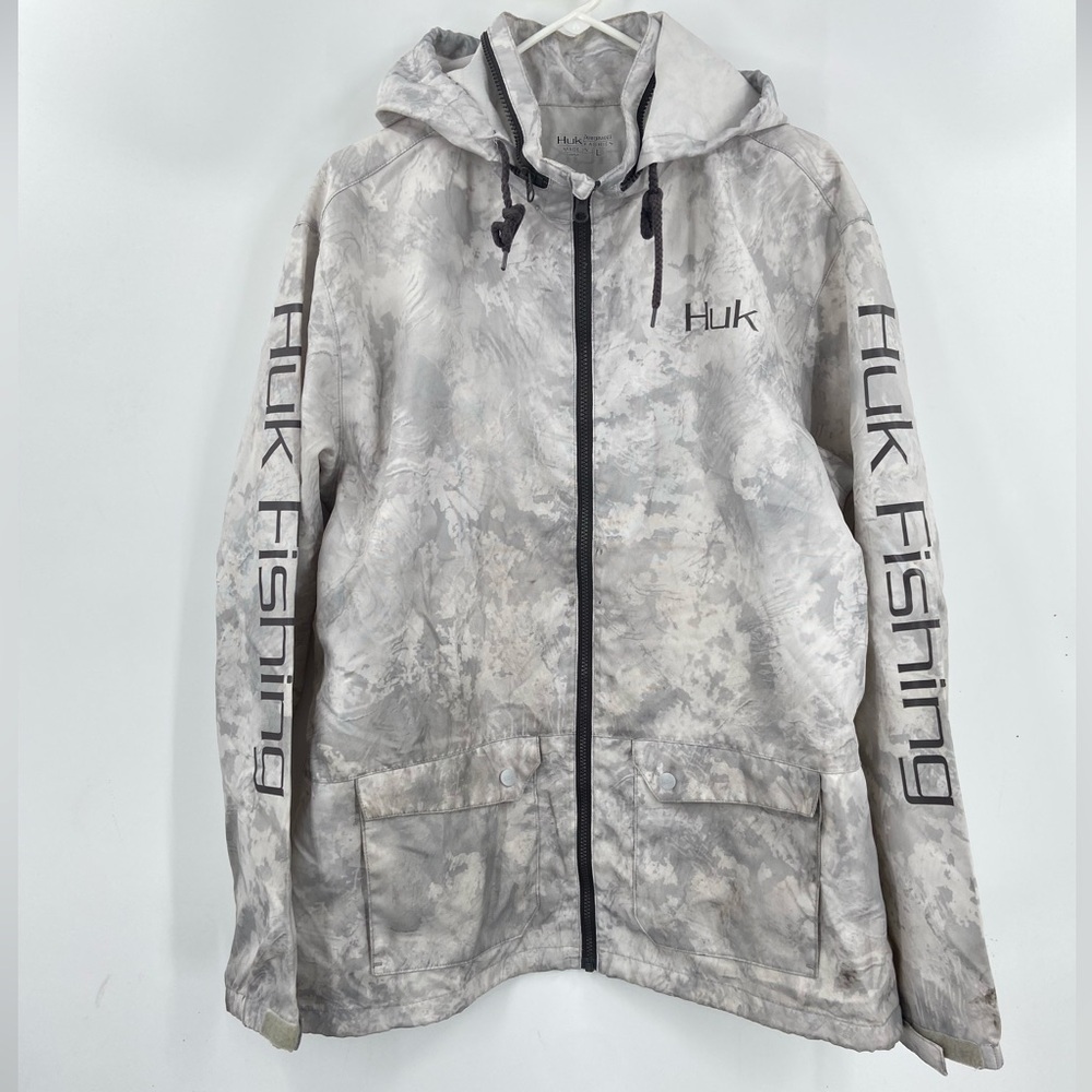 Huk Performance Fishing Jacket Waterproof Hooded Zip Up Men‎ Large Gray